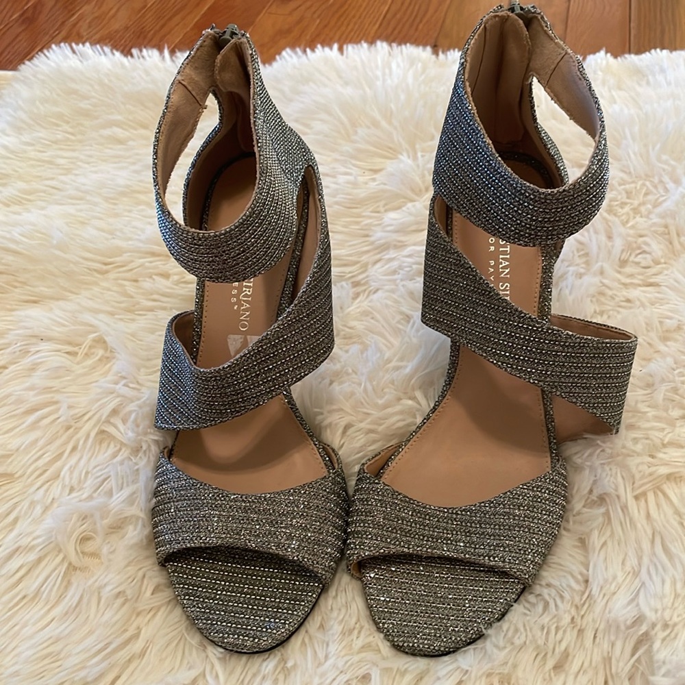 Christian Siriano Silver Shimmer Open Toe Pumps 3.5" Heels with a Ankle Strap